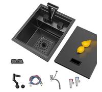 Stainless Steel Hidden Invisible Sink with Faucet/Cover, Single Slot Design- Compact Kitchen Bar RV Outdoor Coffee Shop Hotel Counter Basin for Hand Washing Vegetables(Sink+Faucet B,32 * 39 * 22cm)