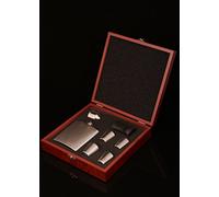 Stainless Steel Hip Flask Gift Set with Funnel and Seven Cups in Wooden Presentation Box