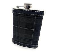 Stainless Steel Hip Flask, Grey Granite Tartan Pattern, Black Leather Trim, 8oz Capacity, Contrasting White Stitching