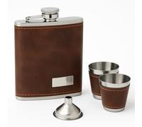 Stainless Steel Hip Flask Set with Brown Leather Wrap - Includes Funnel and 2 Metal Shot Cups - Pocket Size Flask in Presentation Box - Ideal for Travel, Outdoor and Everyday Use JR1363