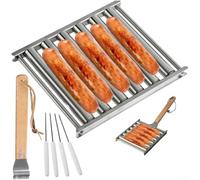 Stainless Steel Hot Dog Roller Grill Set with Wooden Handle for Uniform Cooking and Safe Handling Includes Four BBQ Skewers Perfect for Camping Trips