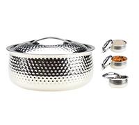 Stainless Steel Hot Pot Insulated Food Warmer Double Wall Round Casserole Hotpot Serving Dish Thermal Hammered Serving Bowl Rice, Soup Chappati Roti Meals (1000ml)