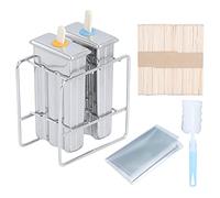 Stainless Steel Ice Cream Mold, DIY Ice Maker Kit with 2 Molds Lids Sticks Bags Brush Rack, Reusable 304 Stainless Steel Popsicle Maker for Home Kitchen Frozen (2-Branch Flat Head Double Slot +