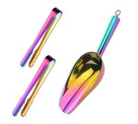 Stainless Steel Ice Scoop and Ice Tongs Small,Set of 3 Round Bottom Bar Ice Utility Scoop, 6 Inches Serving Tongs with Teeth for Large Cubes, Freezer, Ice Bucket，Beach, Party, Bar (Rainbow Color)