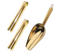 Stainless Steel Ice Scoop and Ice Tongs Small,Set of 3 Round Bottom Bar Ice Utility Scoop, 6 Inches Serving Tongs with Teeth for Large Cubes, Freezer, Ice Bucket，Beach, Party, Bar (Gold)