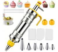Stainless Steel Icing Piping Set, Cake Decorating Kit with 6 Piping Nozzles, 3 Cake Cream Scrapers & Brushes, Reusable DIY Cake Baking Tools and Cupcake Corer Filler for Pastry, Desserts
