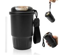 Stainless Steel Insulated Coffee Mug Leak Proof Coffee Vacuum Flask (black) | 380ml Portable Travel Coffee Mug Flip Lid with Sip and Straw, for Hot & Cold Drinks
