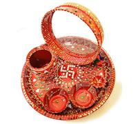 Stainless Steel Karwa Chauth 6 Pieces Decorative Pooja Thali Set (Red) (Thali Size 12")