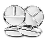 Stainless Steel Kids Plates Set of 4, 9" Portion Control Plates Divided Plate for Adults Toddlers Balance Lunch, Bariatric & Diabetic Diet, Non Toxic Camping Metal Snack Plate for Eating