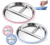 Stainless Steel Kids Plates with Suction, 2Pack 9" Divided Toddler Plates Removable Non Slip Silicone Sleeves Baby Feeding Led Weaning Supplies, BPA Free, Unbreakable Dishwasher Safe (Blue & Pink)