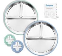 Stainless Steel Kids Plates with Suction, 2Pack 9" Divided Toddler Plates Removable Non Slip Silicone Sleeves Baby Feeding Led Weaning Supplies, BPA Free, Unbreakable Dishwasher Safe (Green and Blue)