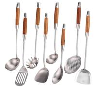 Stainless Steel Kitchen Cooking Utensils set with Wooden Handle,8 Pieces Metal Utensils,Ergonomic and comfortable serving Utensils, Soup Ladle Spoon,Turner Skimmer set