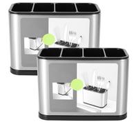 Stainless Steel Kitchen Cutlery Holder 4 Cells Large Capacity Cooking Flatware Utensil Holder for Knives Forks Organize Silver Tableware Storage for Countertop Dinner Table 18x13x8.6cm(Silver x2)