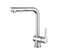 Stainless Steel Kitchen Faucet with Pull Down Sprayer Single Handle Hot and Cold Mixer Tap Swivel Design Grey Chrome Plated One Hole Sink Installation.