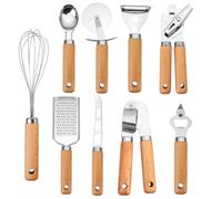 Stainless Steel Kitchen Gadget Set - 9 PCS Western Cooking Utensil & Tool with Wooden Handle: Pizza Cutter, Garlic Press, Can and Bottle Opener, Ice Cream Scoop, Peeler, Cheese Grater and Knife, Whisk