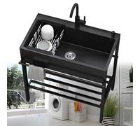 Stainless Steel Kitchen Hand Sink Single Bowl Kitchen Freestanding Sink with Faucet & Strainer, Commercial Hand Washing Basin Sink for Laundry, Basement