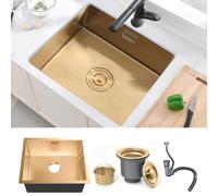 Stainless Steel Kitchen Sink, 50X45CM Small Sink, BoomHoze Undermount Single Bowl Outdoor Campervan with Silencer Pad, Drainer Fittings, Drop in Flushmount or Topmount Installation, Gold