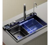 Stainless Steel Kitchen Sink 75 × 46 cm with Nano Coating, Digital Temperature Display, Double Waterfall, Worktop with Chopping Board, Basin in Basin & Piano Key Control for Built-in/Undermount