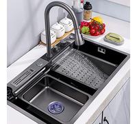 Stainless Steel Kitchen Sink Black Rectangular 304 Stainless Steel Kitchen Sink, 68x45x22cm, with Hot & Cold Water Hoses, Drainage System, Ideal for Indoor/Outdoor Use, Perfect for Home & Re