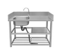 Stainless Steel Kitchen Sink, Commercial Single Bowl 304 with Faucet, Storage Shelves, Workbench, and Drainer Unit for Indoor/Outdoor Restaurant