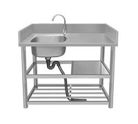 Stainless Steel Kitchen Sink Commercial Sink Single Bowl 304 Stainless Steel Commercial Kitchen Sinks with Faucet and Storage Shelves with Workbench and Drainer Unit for Outdoor Indoor Restaurant (Co