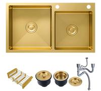 Stainless Steel Kitchen Sink Double Bowl Inset Black Kitchens Sink with Drain Pipe, Drainer Basket, Suitable for Kitchen, Bathroom, Caravan Travelling(Gold,82x45cm)