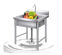Stainless Steel Kitchen Sink, Free Standing Commercial Catering Sink Single Bowl with Tap and Drain, Brushed Prep & Utility Sink for Garage, Laundry Room, Outdoor Garden