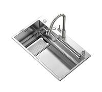 Stainless Steel Kitchen Sink, Modern Single Bowl Workstation Sink with Retractable Draining Basket and Cutting Board, Includes Accessories