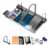 Stainless Steel Kitchen Sink - Modern Vegetable Washing Basin with Dual Waterfall Faucets for Home Use