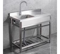 Stainless Steel Kitchen Sink, Single Bowl Free Standing Utility Catering Sink Unit, Freestanding Sink with Work Surface and Water Taps, Kitchen Sink with Stand