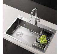 Stainless Steel Kitchen Sink, Single Bowl Rectangular Topmount/Overmount Inset Sink with Pull-Out Kitchen Tap & Drain Basket, Side Waste Outlet, Multifunctional, Accessories Included(50x40x20cm)