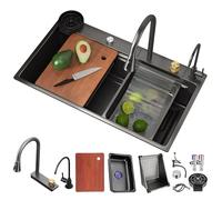 Stainless Steel Kitchen Sink with Cascade Design Single Bowl Workstation Pull-Out Faucet High-Pressure Cup R Cutting Board & Draining Basket Included