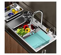 Stainless Steel Kitchen Sink Integrated Waterfall & Pull-down Faucet Set Large Bowl Sink With Nano Coating Farmhouse Workstation Sink Kit (Color : Silver, Size : 75x45CM)