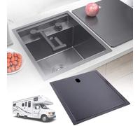 Stainless Steel Kitchen Sink with Metal Cover, 320x430x220mm Hand Wash Basin for RV Caravan Boat Motorhome, Easy Install Black Sink for Mobile Living