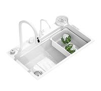 Stainless Steel Kitchen Sink with Pull Down Sprayer - White Flying Rain Waterfall Design Single Bowl Workstation Sink with Sliding Accessories 75x45CM