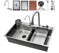 Stainless Steel Kitchen Sink with Pull-Out Faucet & Accessories - Single Bowl Workstation Sink with Soap Dispenser, Cup Washer & Drain Set(Grigio,85x50cm)