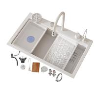 Stainless Steel Kitchen Sink with Waterfall Faucet Single Bowl Gold Black & White Options Multi Function Complete Accessories (White B 75x46x22cm)