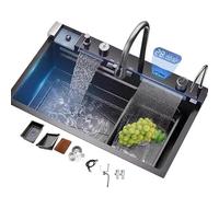 Stainless Steel Kitchen Sink with Waterfall Faucet Single Bowl Gold Black & White Options Multi Function Complete Accessories (White B 75x46x22cm)