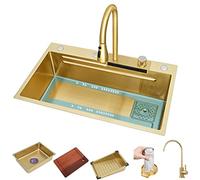 Stainless Steel Kitchen Sink With Waterfall Water Tap Set Black Farmhouse Sink Gold Workstation Sink With Cup Washer Removable Basin Cutting Board (Color : Gold, Size : 68x45cm)