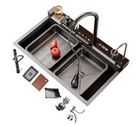 Stainless Steel Kitchen Sink Workstation with Pull-Out Faucet & Dual Waterfall 75x46cm Ideal for Home Vegetable Washing & Food Prep