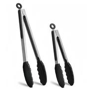 Stainless Steel Kitchen Tongs 2pcs - 9 and 12 Inch Silicone Tip Tongs with Locking Clip and Non-Slip Grip, Heat Resistant for Air Fryer, BBQ, Salad, Serving (Dual Size)