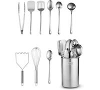 Stainless-Steel Kitchen Utensil Set - 10-Piece Premium Nonstick & Heat Resistant Gadgets, Turner, Spaghetti Server, Ladle, Serving Spoons, Whisk, Tongs, Potato Masher & Utensil Holder