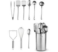Stainless-Steel Kitchen Utensil Set - 10-Piece Premium Nonstick & Heat Resistant Gadgets, Turner, Spaghetti Server, Ladle, Serving Spoons, Whisk,