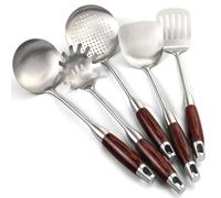 Stainless Steel Kitchen Utensil Set, 5PCS Spatula Set with Wooden Handle | Slotted Spoon, Slotted Spatula, Wok Spatula, Pasta Spoon, Soup Ladle, Kitchen, Cooking, Soup, Pasta
