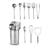 Stainless Steel Kitchen Utensils Set - 10 Piece Premium Nonstick & Heat Resistant Cooking Utensil Set with Turner, Spaghetti Server, Ladle, Serving Spoons, Whisk, Tongs, Potato Masher & Utensil Holder