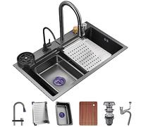 Stainless Steel Kitchen Workstation Sink, Nano-Coated Pull-Down Faucet & Cup Washer, Complete Accessory Set, Black, 68x45x22cm - & Functional Design for Modern Kitchens