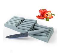 Stainless Steel Knife Block Set, 12 Pieces Kitchen Knife Set with in-Drawer Knife Block, Ultra Sharp Non-Stick Coating Chef Knives Set with 6PCS Steak Knives, Drawer Knife Organizer (Blue)