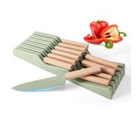 Stainless Steel Knife Block Set, 12 Pieces Kitchen Knife Set with in-Drawer Knife Block, Ultra Sharp Non-Stick Coating Chef Knives Set with 6PCS Steak Knives, Drawer Knife Organizer (Green)
