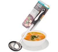 Stainless Steel Ladle Spoon Nylon Rim - Dishwasher Safe. Steel Core for Strength. Food Safe Non-Scratch Nylon Edging with Large Metal Hanging Hole. Black Soft Grip Rubber Handles. 5 Year Guarantee.