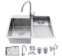 Stainless Steel Laundry Sink With Integrated Washboard, Heavy-Duty Handwashing Tub With Drain Kits, Durable Utility Washing Basin For Basement, Utility Room, Garage, Outdoor Use(Silver Right,80x48x22c